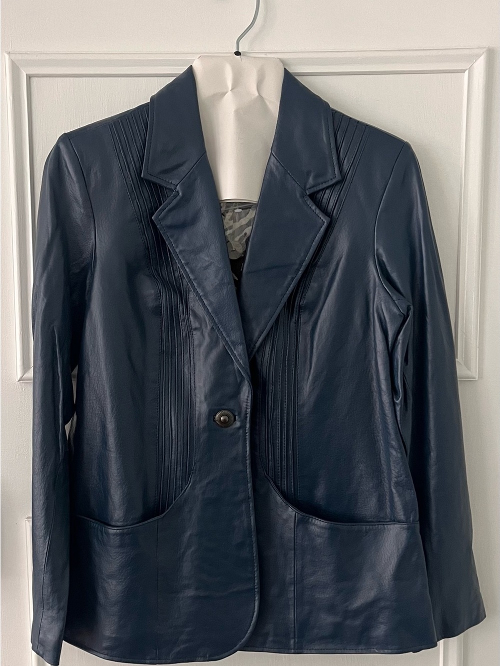 Classic Navy Leather Blazer Jacket - Women's